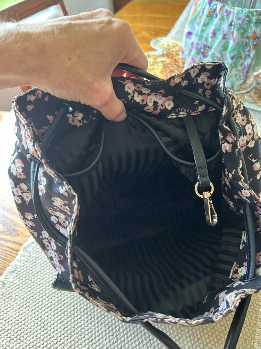 Victoria's Secret Black Floral Backpack - Black with Pink Floral